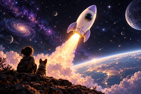 Eine kleine glänzende Rakete in Lavendel- und Cremetönen steigt durch einen dunklen, sternenklaren Himmel empor, mit einer warmen orangefarbenen Flamme, filmische 3D-Illustration.