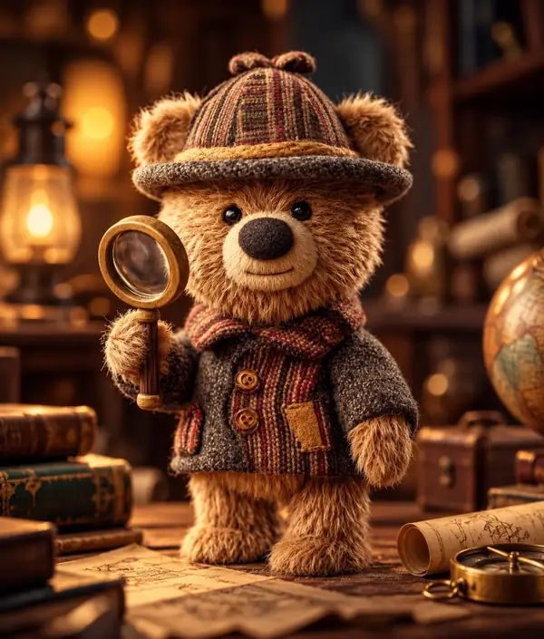 Ein kleiner Teddybär-Detektiv hält in einem warmen, sanft fokussierten Raum eine Lupe.