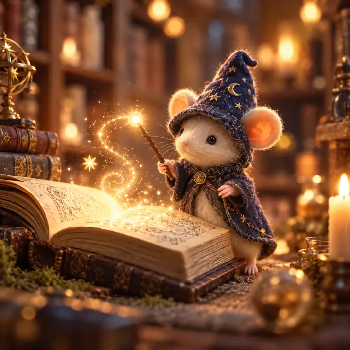 Eine winzige animierte Maus steht neben einem aufgeschlagenen Buch in einer warm beleuchteten Fantasy-Bibliothek.