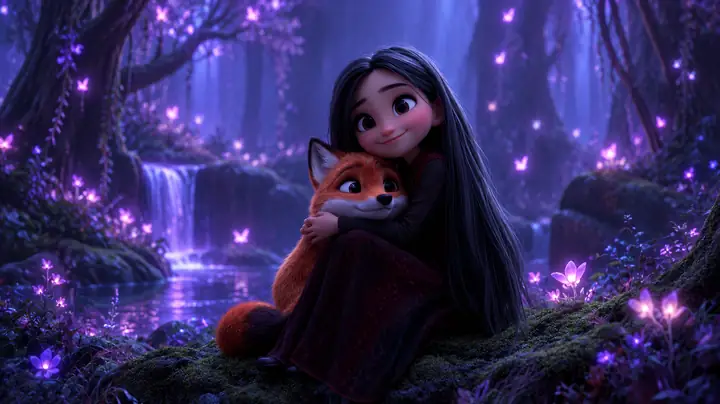 Ein animiertes Mädchen umarmt einen kleinen Fuchs in einem sanft leuchtenden violetten Wald, inszeniert als cineastische Geschichtsszene.