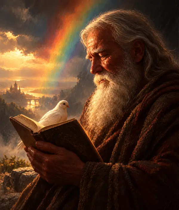 Ein älterer Geschichtenerzähler mit weißem Bart hält sanft eine Taube unter einem zarten Regenbogen.