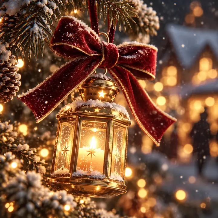 Goldene Weihnachtsglocken, die mit einer roten Samtschleife zwischen verschneiten Zweigen und warmen Lichtern befestigt sind.